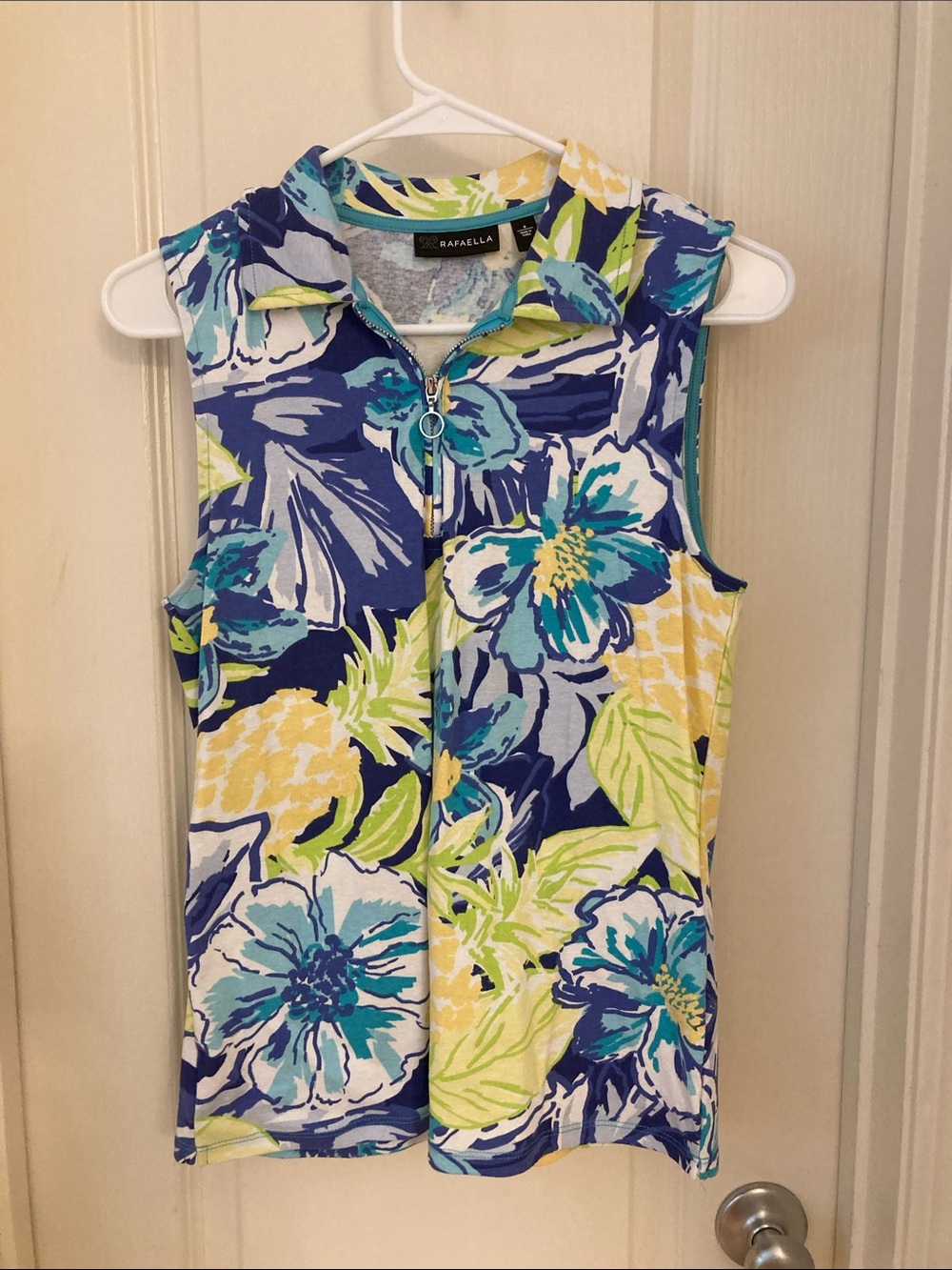 Floral Zip-Front Sleeveless Top — Blue, Yellow & Green